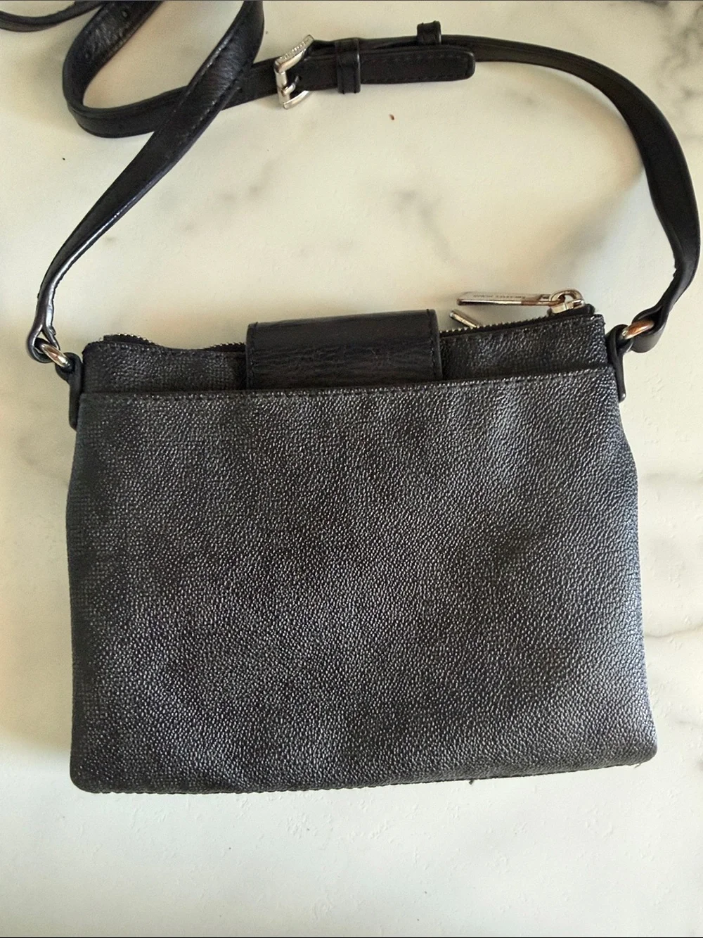 Michael Kors Black Leather Crossbody with Silver MK Emblem
